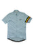 The Rapha Classic Country Jersey is a light blue, Netherlands-inspired short-sleeve cycling jersey with a full front zipper, chest Rapha logo, black/yellow/red stripes on the left sleeve, and an extended back hem.