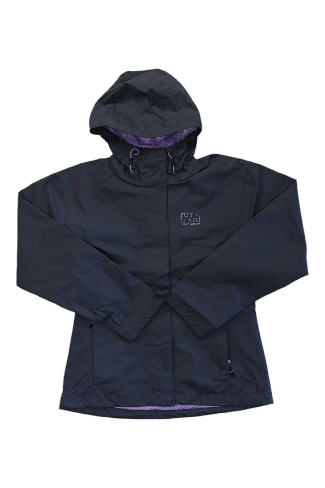The Helly Hansen Womens Seven J Jacket is a black waterproof jacket with long sleeves, front zipper, two zippered pockets, a white logo on the left chest, and subtle purple lining in the hood and collar—ideal for rainy days.