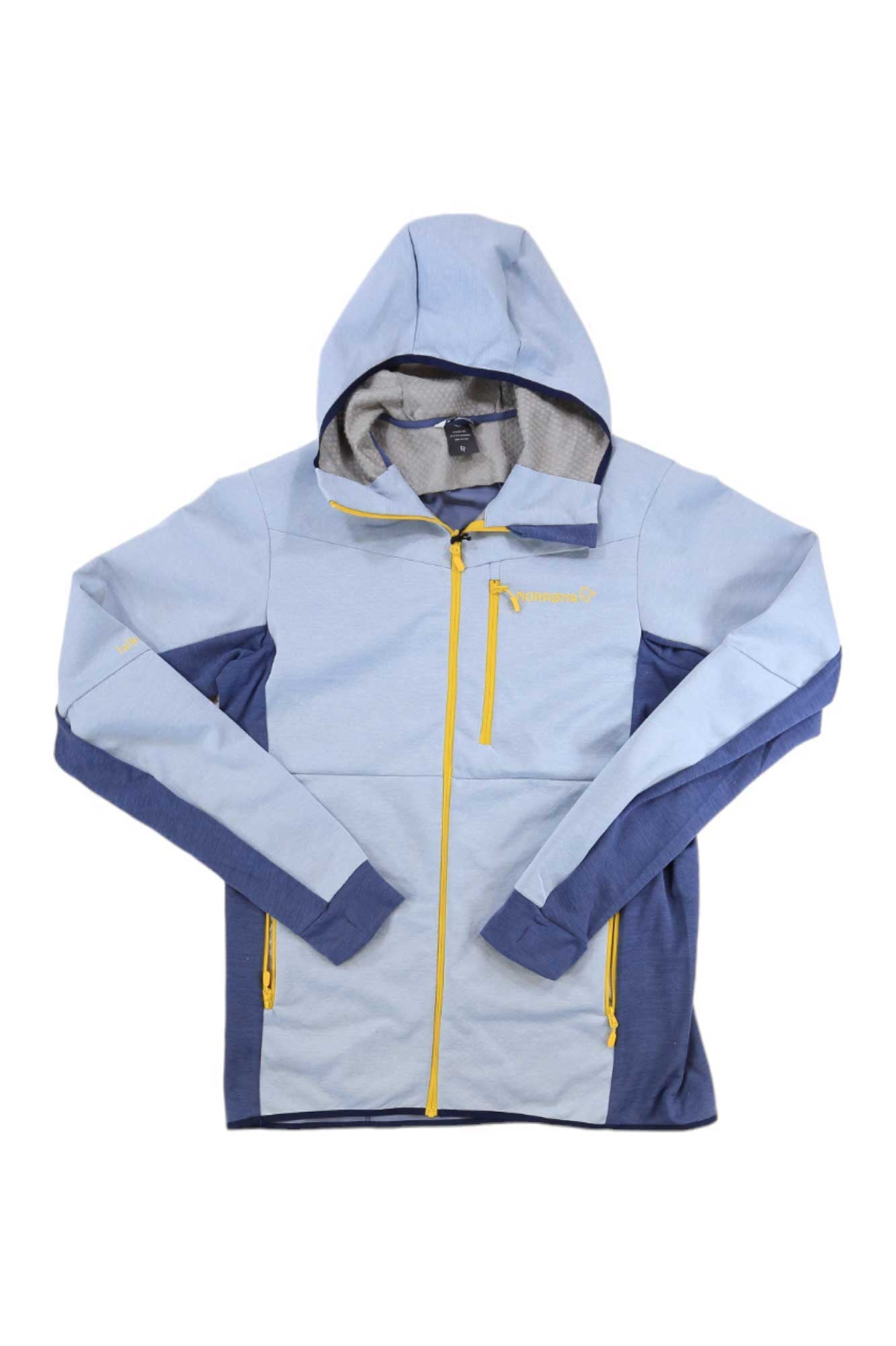 The Norrona Mens Falketind Warm2 Octa Hood is a light and dark blue technical fleece jacket with yellow zippers on the chest and sides, shown flat on a white background.