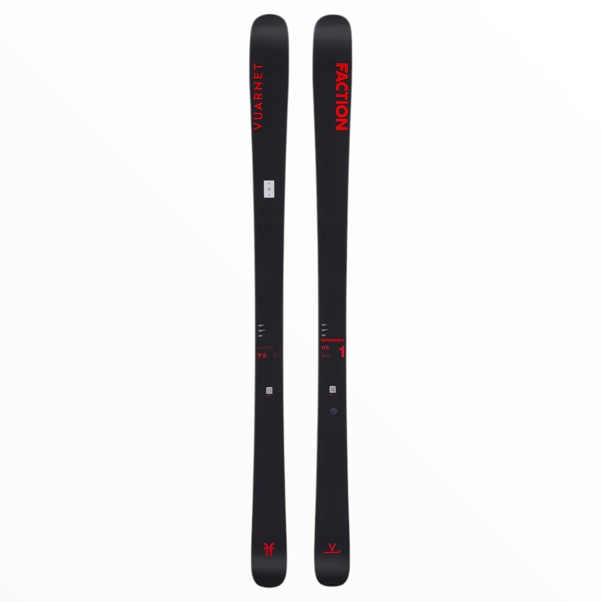 The Faction Dancer 1 Vuarnet Collab LTD Skis are black piste performance skis, featuring red VUARNET branding on one ski and FACTION on the other, with minimal red and white details. Built with a durable wood core for stable, top-tier control.