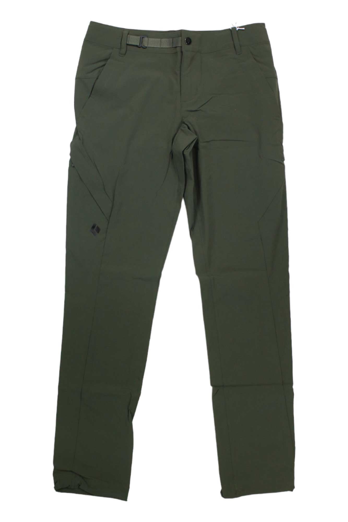 A pair of Black Diamond Women's Alpine Light Pants in olive green, featuring front pockets, belt loops, and a button closure, is laid flat on a white background.