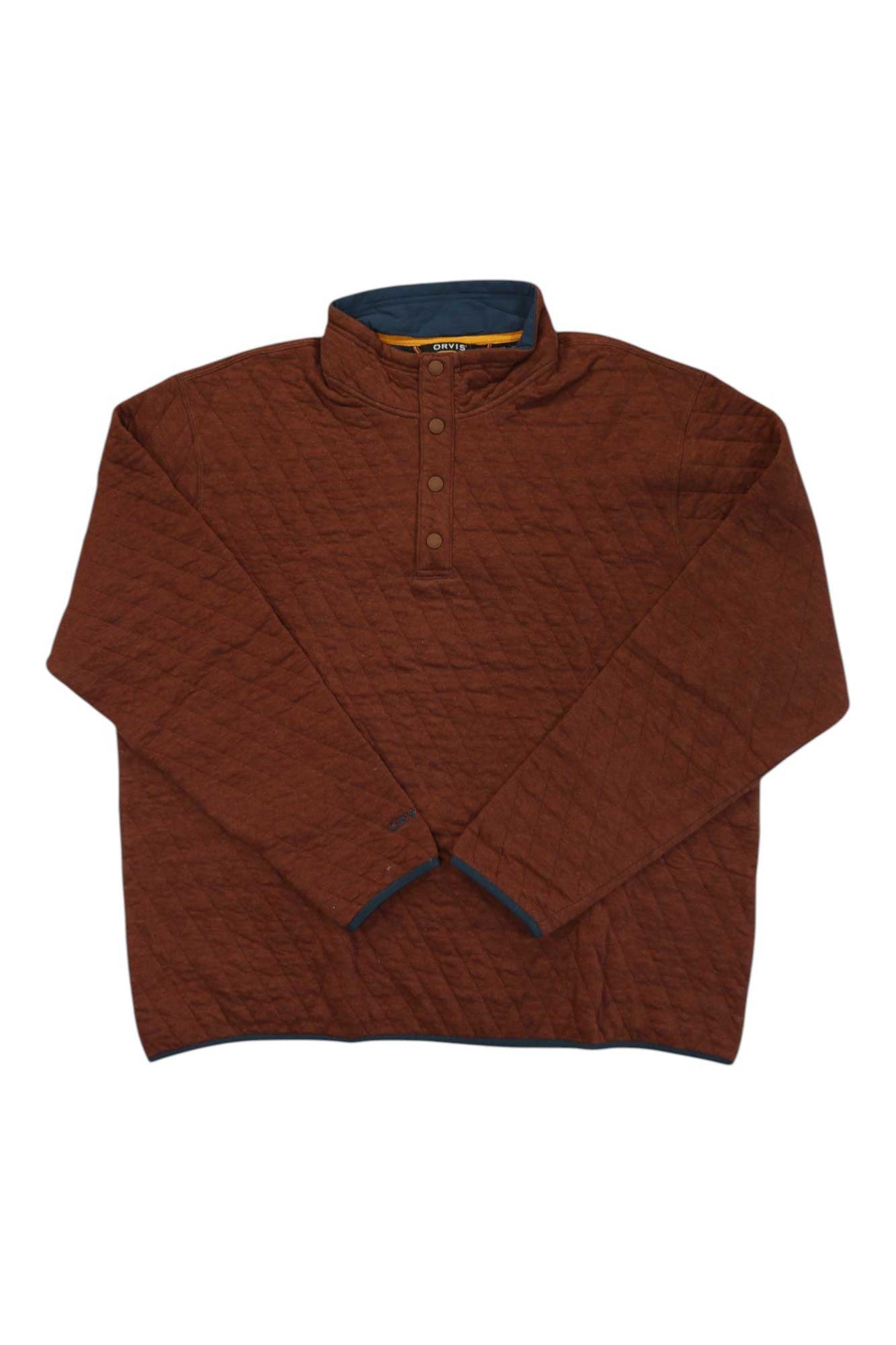 The Orvis Men's Trout Bum Quilted Snap Sweatshirt features long sleeves, a high collar with four-button placket, and dark trim at the collar and cuffs—ideal for outdoor adventures.