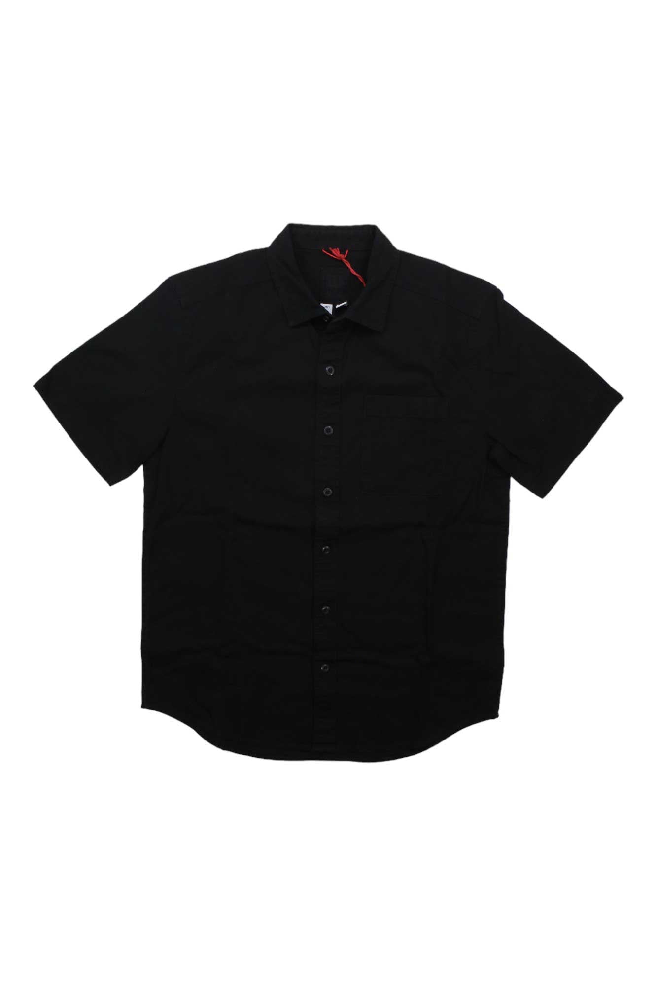 The Topo Designs Mens Dirt SS Shirt is a black, short-sleeve, button-up organic cotton shirt with a collar, shown flat on a white background.
