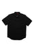The Topo Designs Mens Dirt SS Shirt is a black, short-sleeve, button-up organic cotton shirt with a collar, shown flat on a white background.