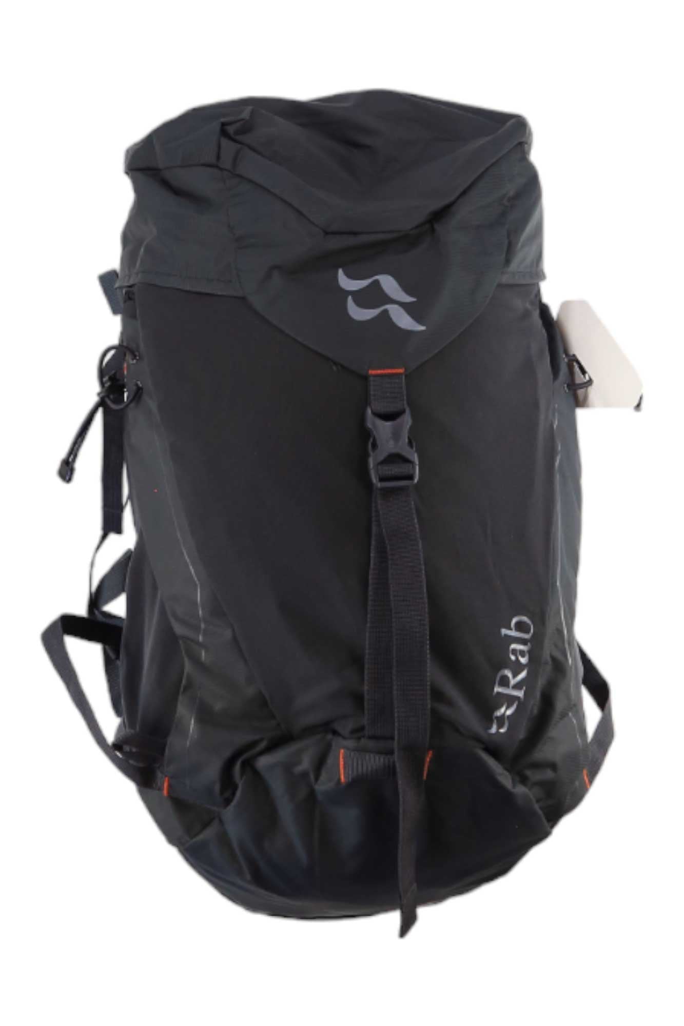 Women's hiking backpack, dark gray with Rab logo and front buckle straps