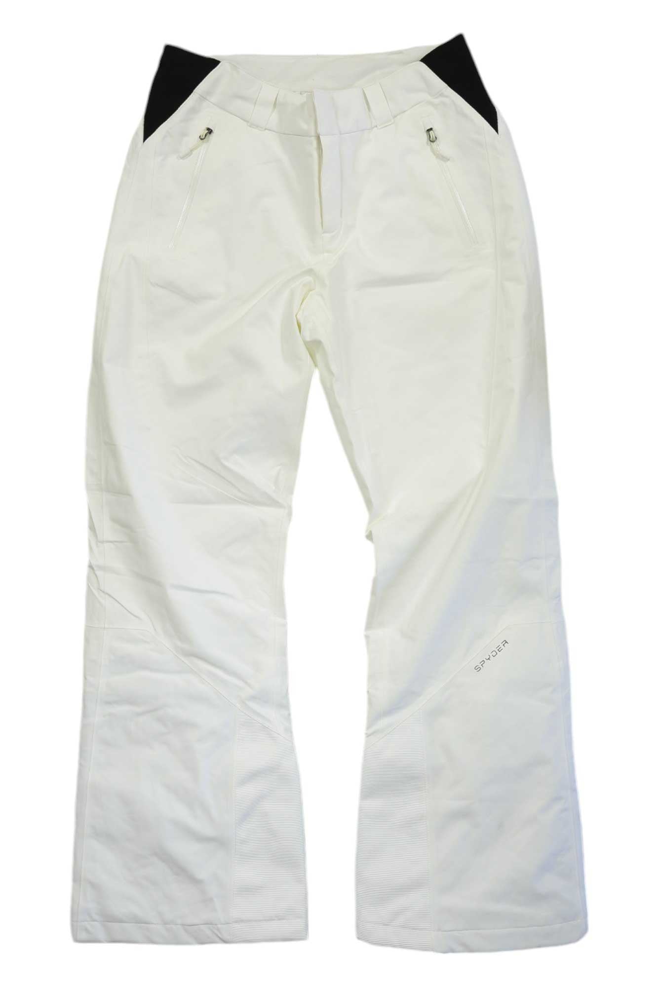 The Spyder Women's Winner GTX Pant is shown flat against a white background; these white GORE-TEX ski pants have black waist panels, zippered pockets, and PrimaLoft insulation.