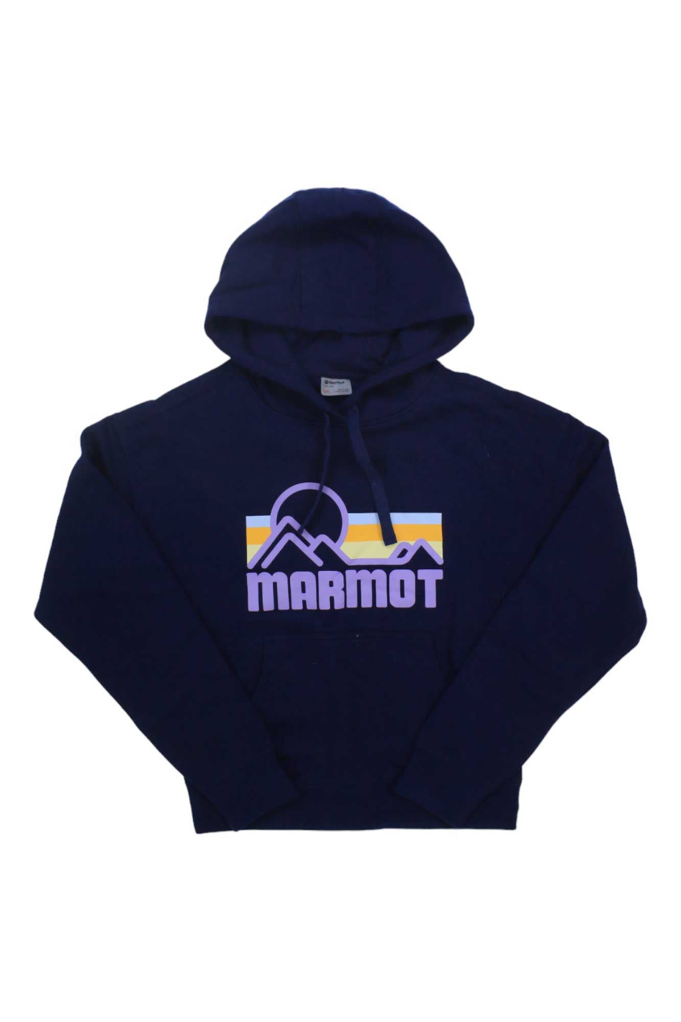 Navy women's pullover hoodie with Marmot logo, drawstring hood, and front pouch