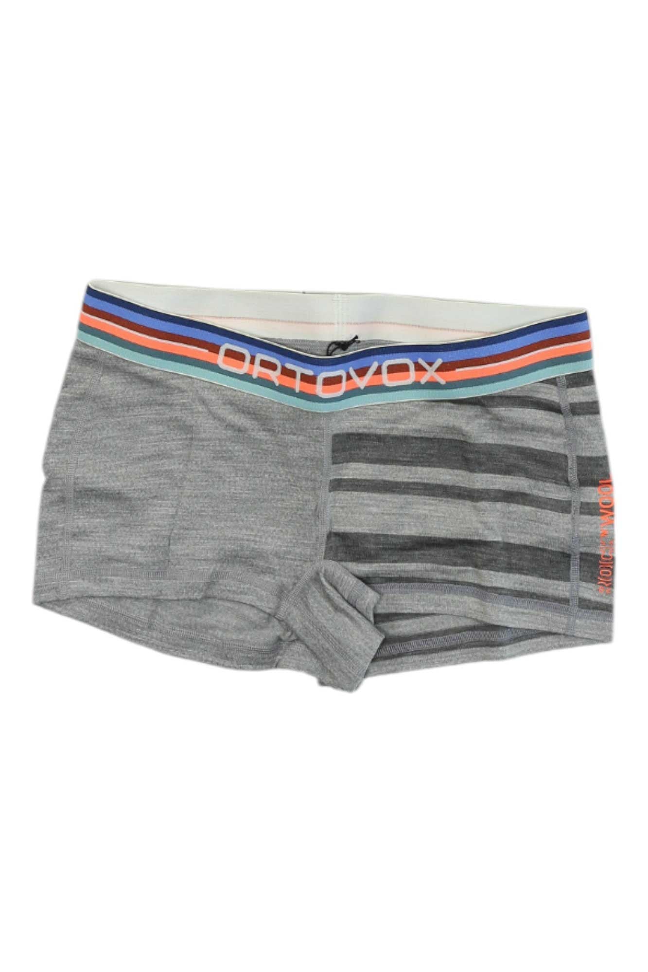 The Ortovox Womens 185 RockNWool Hot Pant in gray displays solid and striped patterns with a multicolored waistband, crafted from soft merino wool, and is shown laid flat on a white background.