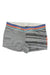 The Ortovox Womens 185 RockNWool Hot Pant in gray displays solid and striped patterns with a multicolored waistband, crafted from soft merino wool, and is shown laid flat on a white background.