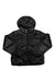 The Indyeva Womens Short Short Hoodie is a shiny black puffer jacket with a hood and front zipper, made from recycled nylon. It features two zippered side pockets, tan zipper pulls, and is laid flat on a white background.