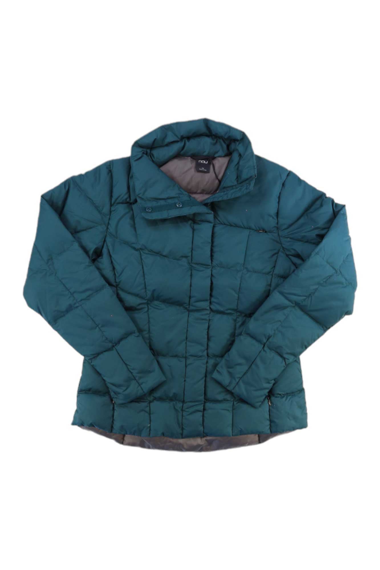 Nau hooded down shirt in dark teal with long sleeves and baffle quilting