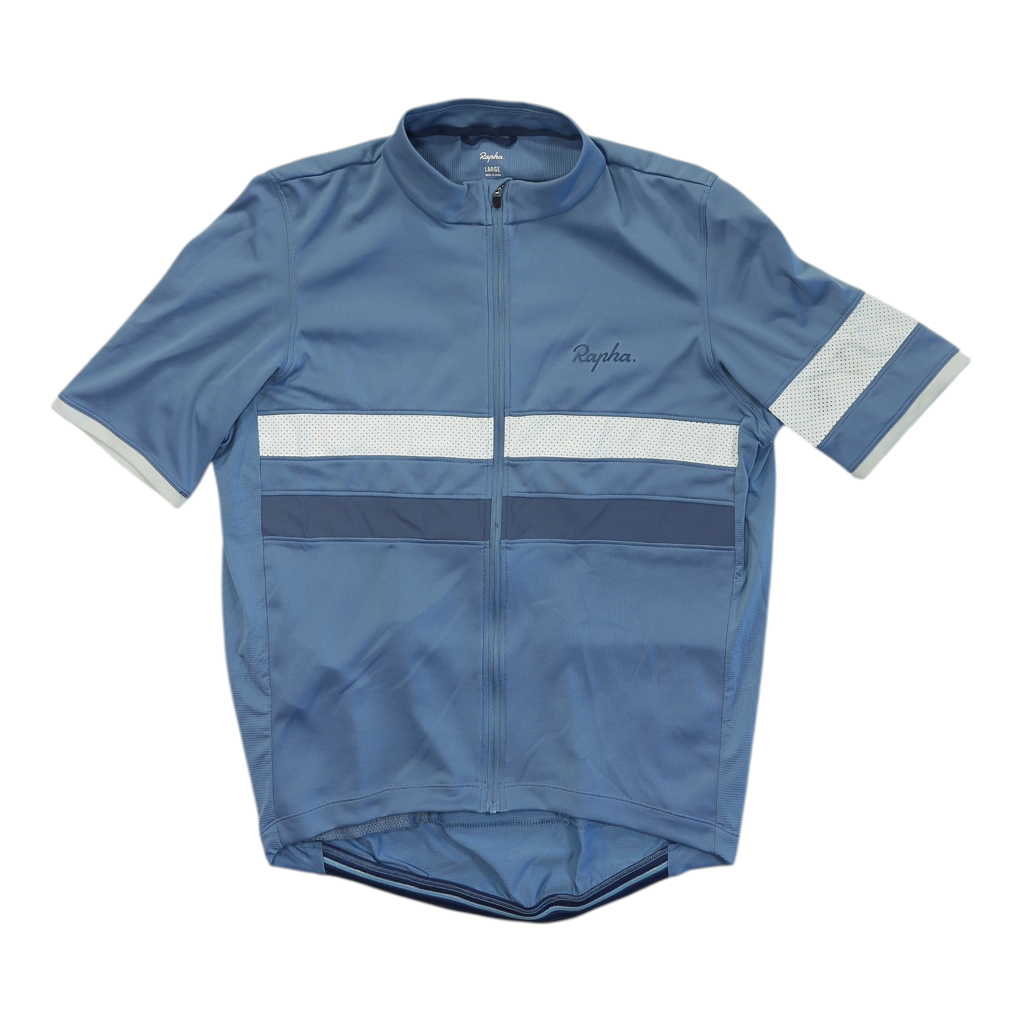 Light blue short-sleeve cycling jersey, full-zip front, white reflective stripe across chest.
