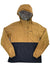 The Women's PreCip Anorak is a two-tone waterproof jacket with a tan upper and sleeves, dark navy lower half, front zip, elastic cuffs, and Marmot logo on the chest. It's also packable for convenience.