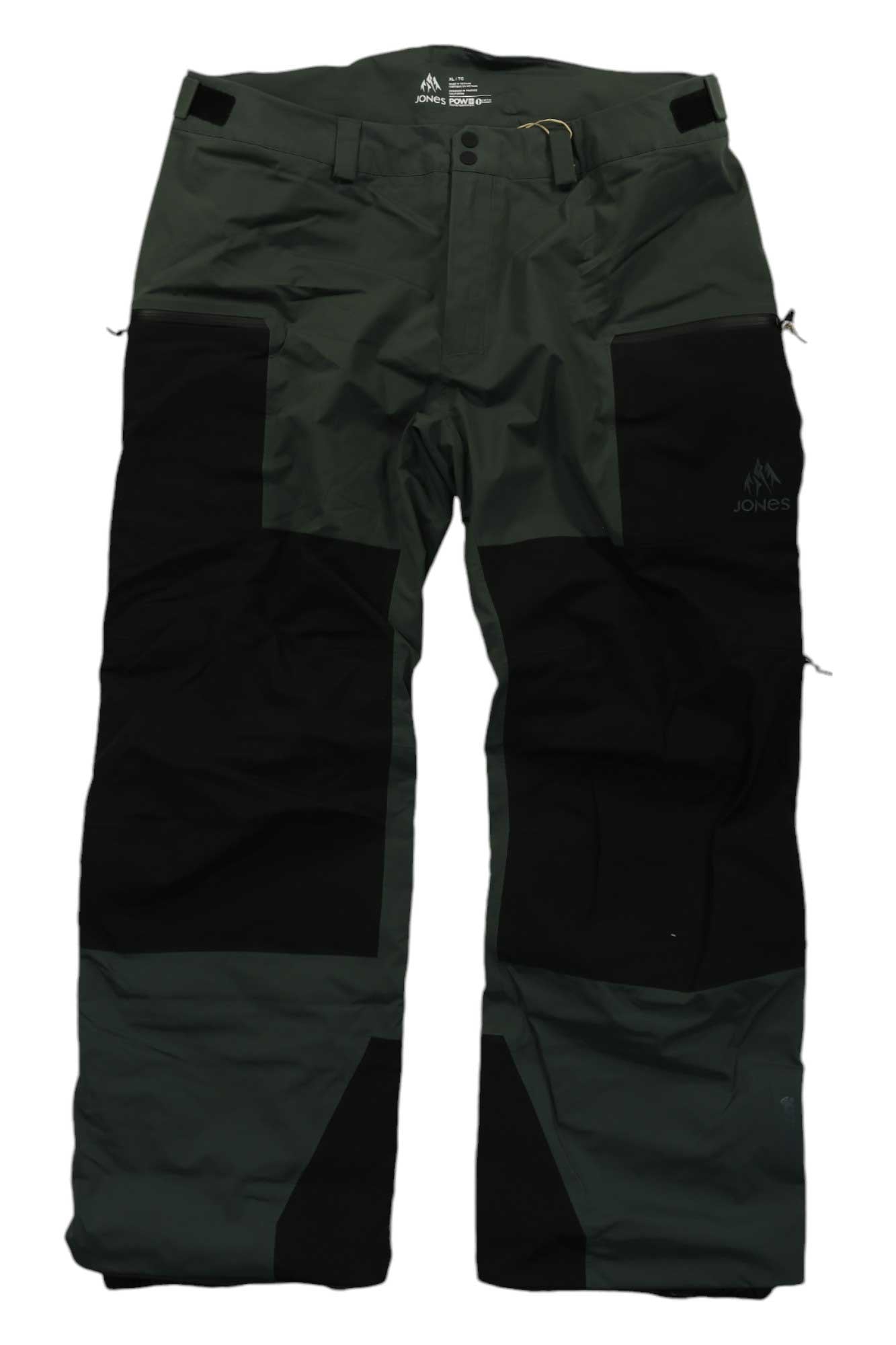 The Jones Mens MTN Surf Recycled Pant is a pair of dark green and black waterproof ski pants with reinforced knees and thighs, zipper pockets, button waist closure, recycled polyester fabric, and the Jones logo on the upper left thigh.