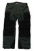 The Jones Mens MTN Surf Recycled Pant is a pair of dark green and black waterproof ski pants with reinforced knees and thighs, zipper pockets, button waist closure, recycled polyester fabric, and the Jones logo on the upper left thigh.