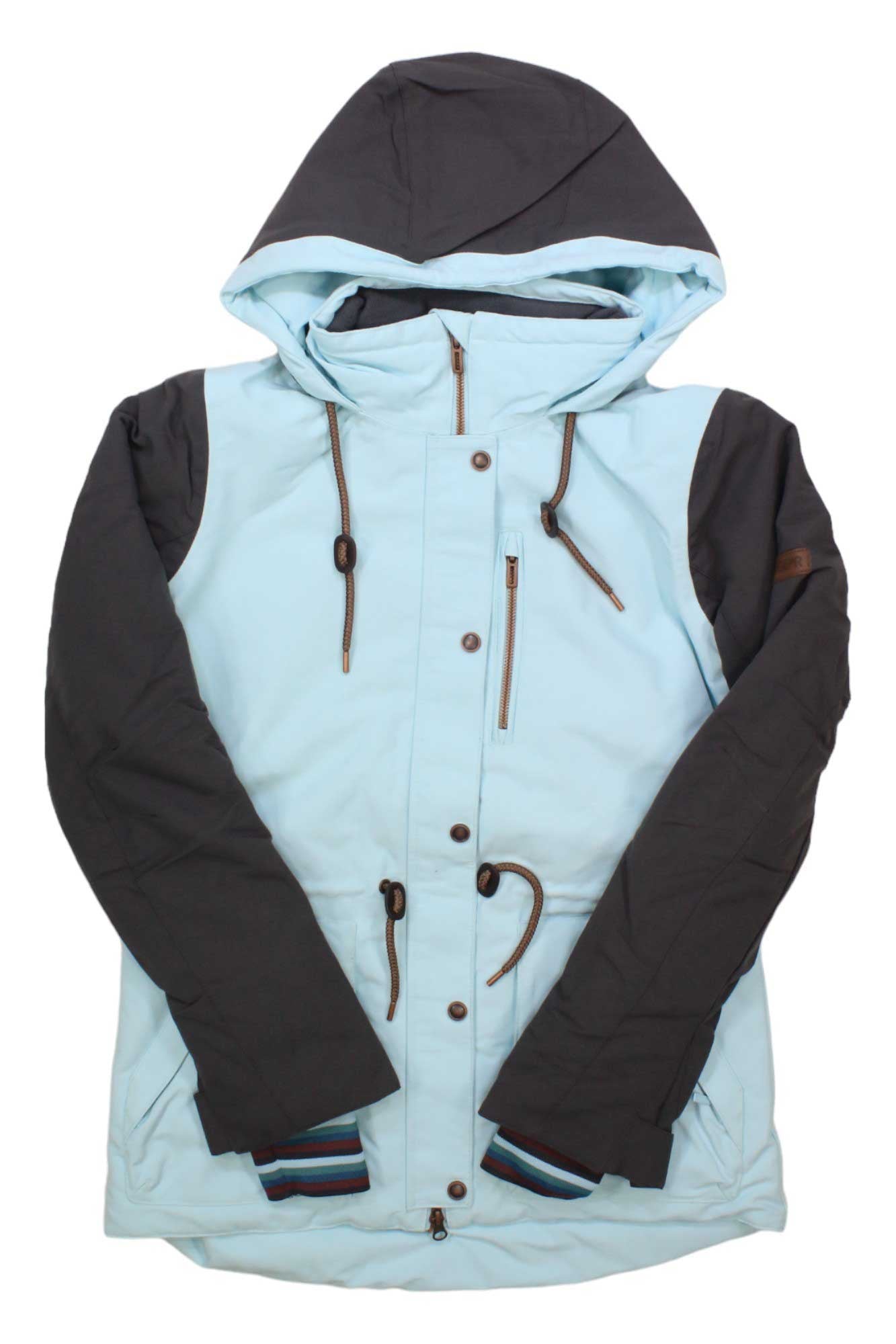 The Boulder Gear Womens Brio Jacket, in light blue with dark gray sleeves and hood, front buttons, zippered pockets, brown drawstrings, and striped inner cuffs, is shown laid flat on a white background.