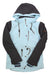 The Boulder Gear Womens Brio Jacket, in light blue with dark gray sleeves and hood, front buttons, zippered pockets, brown drawstrings, and striped inner cuffs, is shown laid flat on a white background.