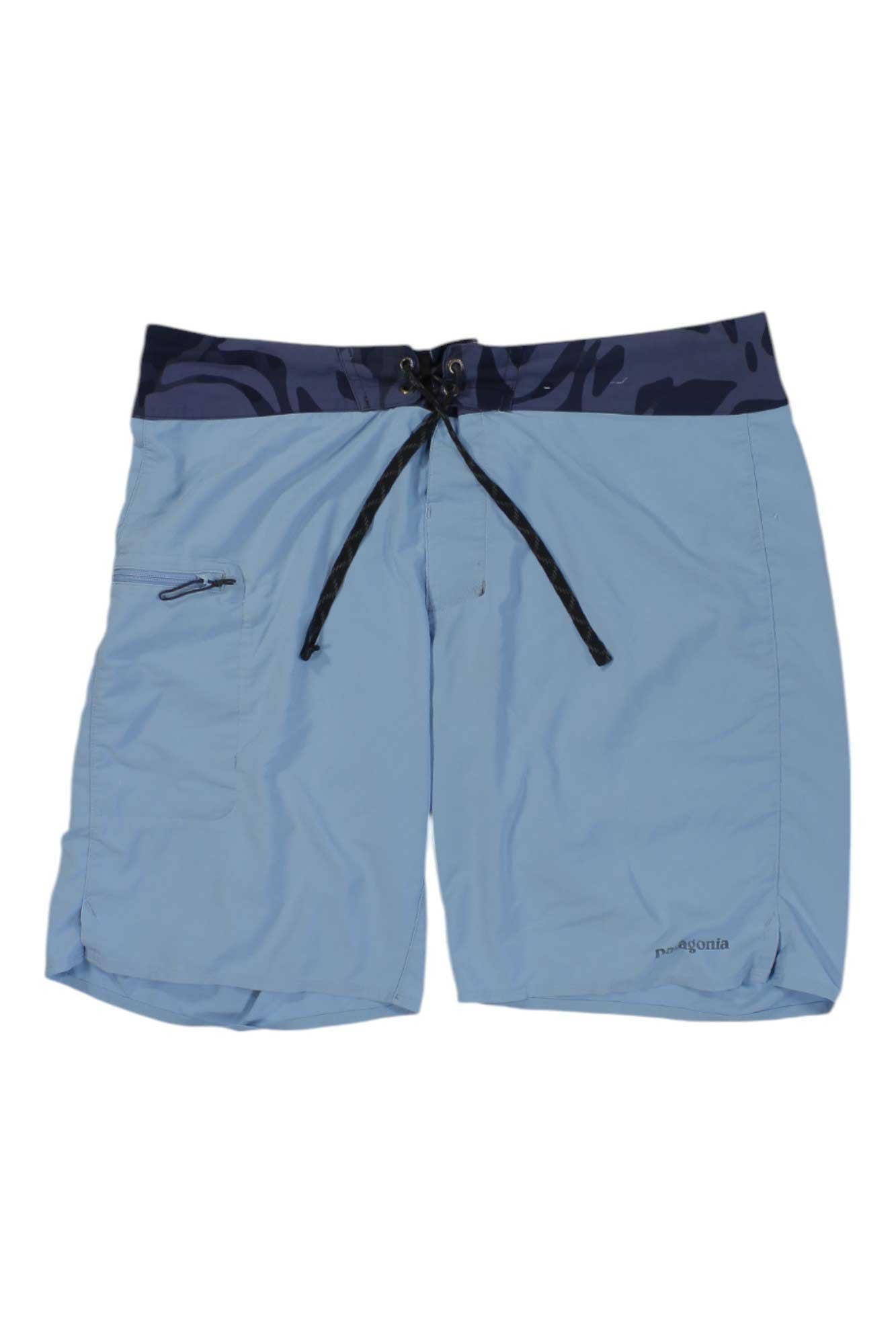 Men's stretch boardshorts in light blue with dark drawstring and solid waistband