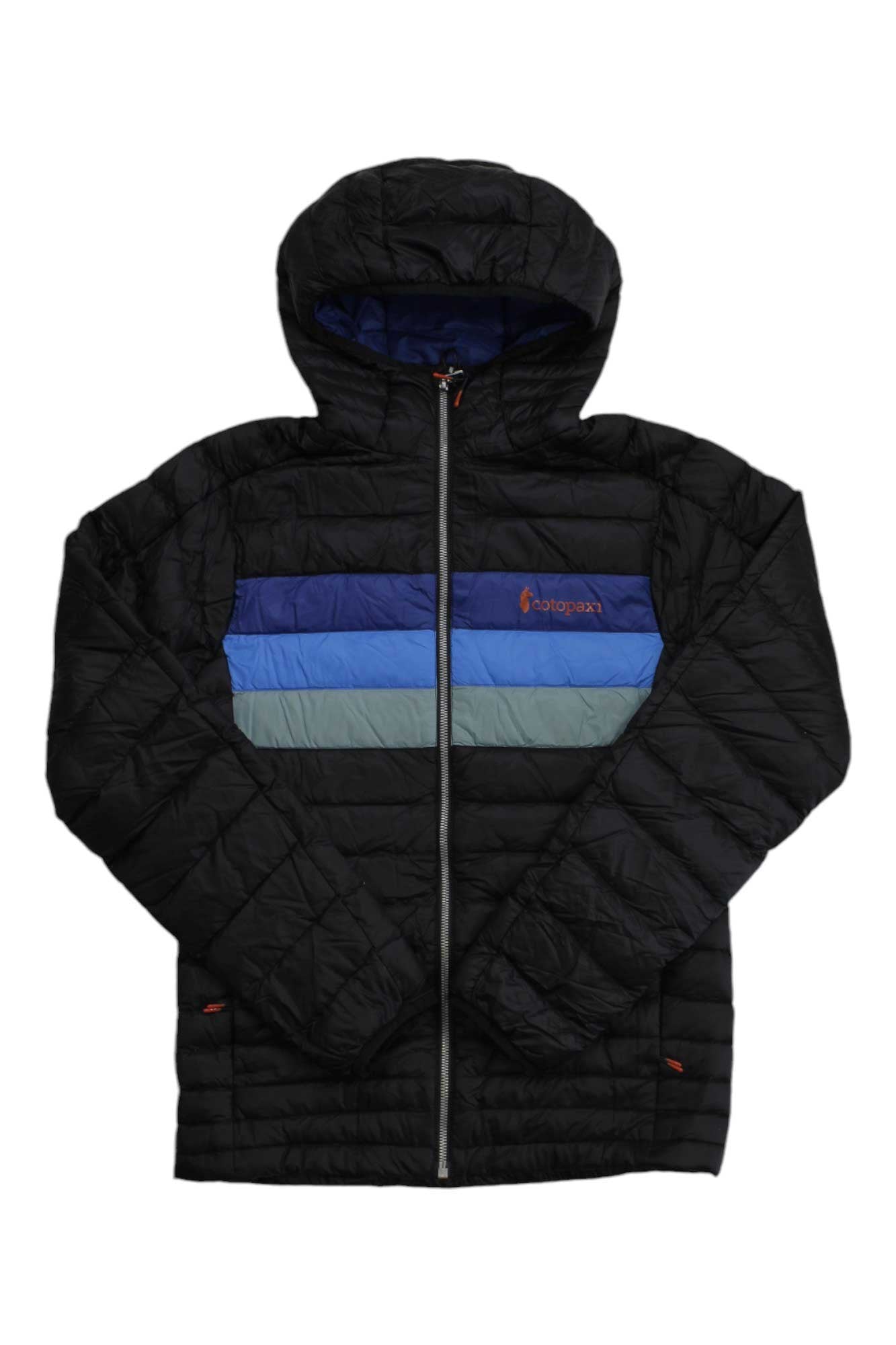 The Cotopaxi Mens Fuego Down Hooded Jacket is black, water-resistant, with 800-fill down insulation, a hood, front zipper, and horizontal blue and gray chest stripes.