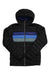 The Cotopaxi Mens Fuego Down Hooded Jacket is black, water-resistant, with 800-fill down insulation, a hood, front zipper, and horizontal blue and gray chest stripes.