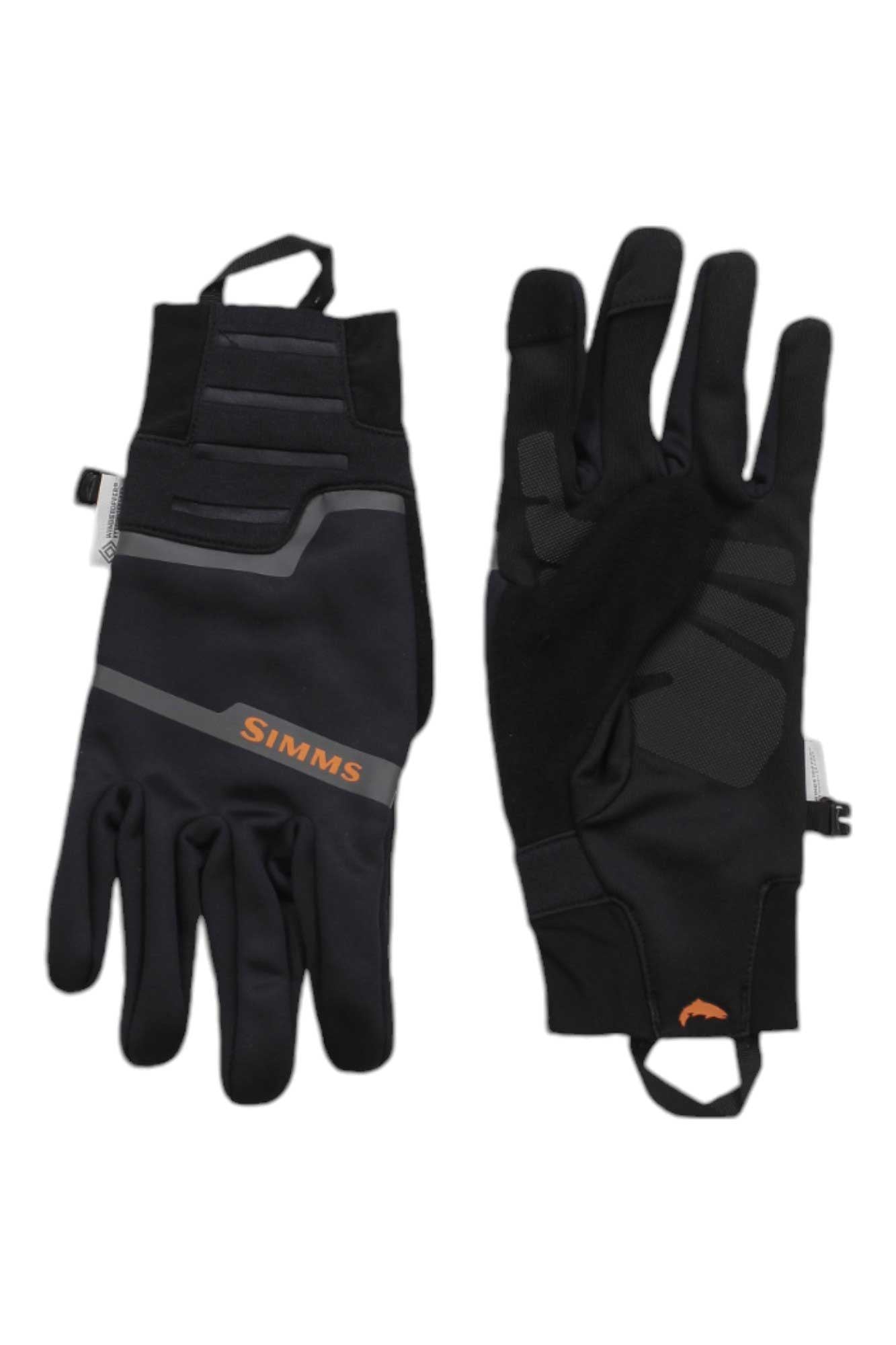 Simms Windstopper flex gloves, black fabric with Simms logo and padded back