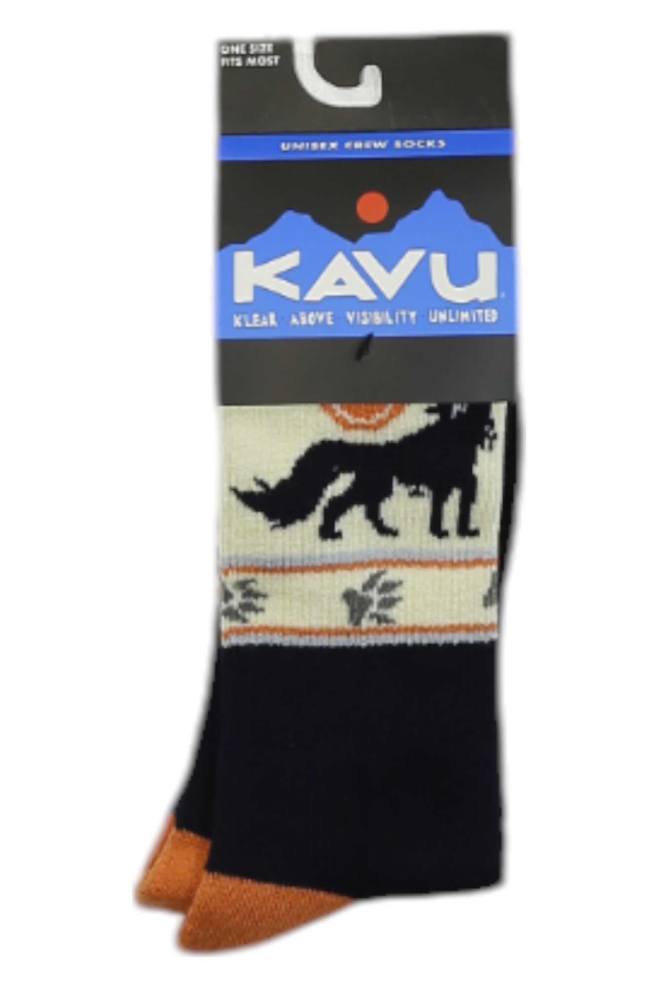 A pair of KAVU Moonwalk Sock unisex crew socks in black and orange, featuring a wolf silhouette and paw prints on a cream background with orange toes and black feet. Made from a wool blend, they come new in original packaging.