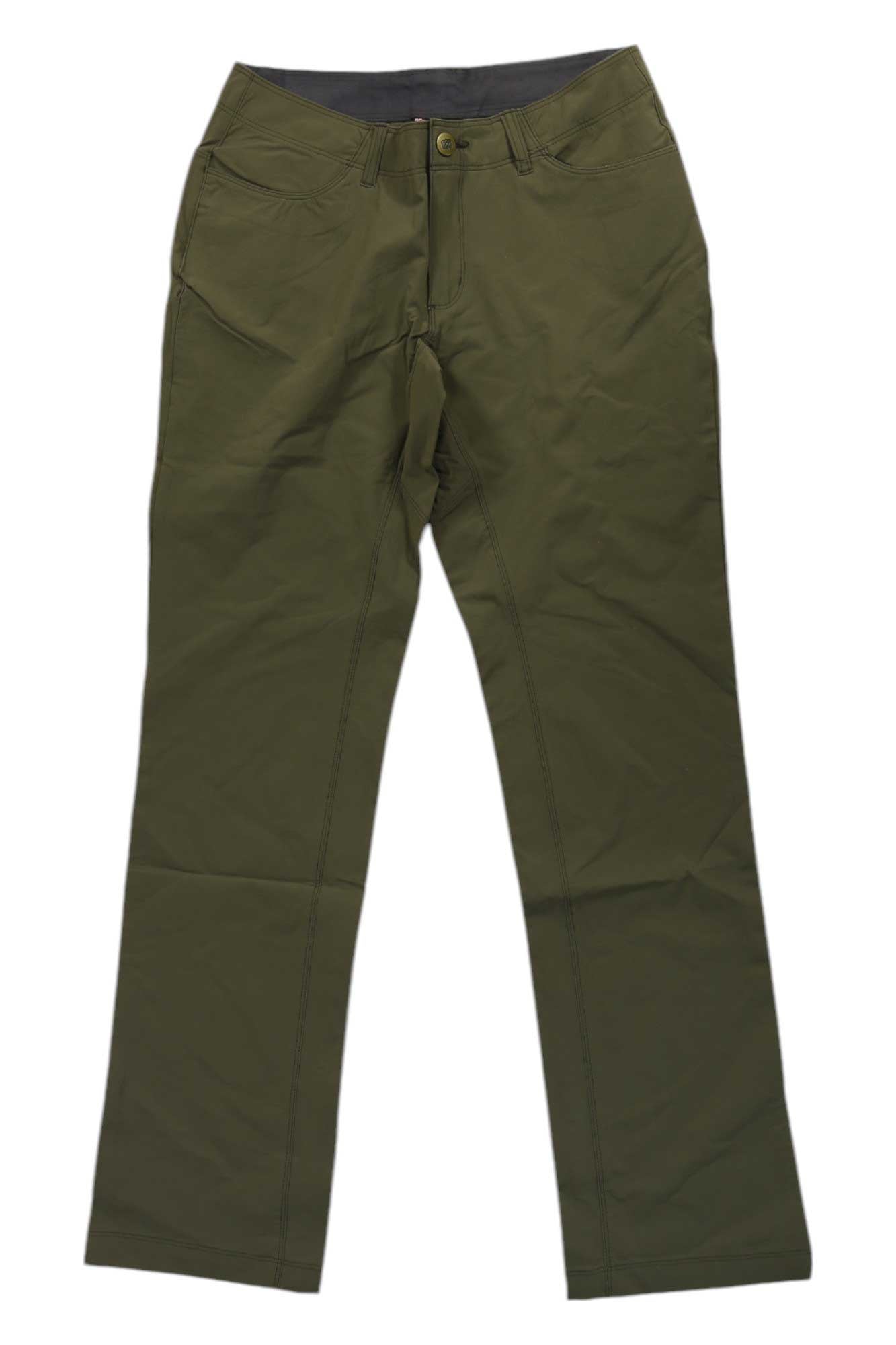 The Sherpa Women's Naulo 5-Pocket Pant in olive green, made from quick-dry travel fabric, features front pockets and a button closure, shown flat on a white background.