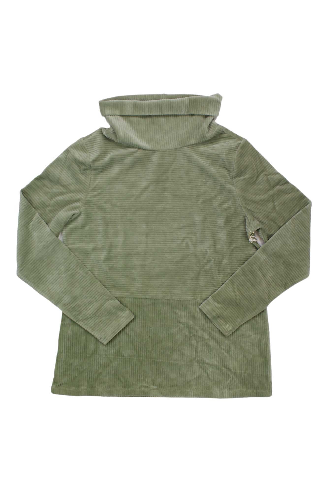 The Carve Designs Womens Collette Tunic in olive green is a long sleeve ribbed turtleneck sweater with a soft, velvety fabric and relaxed fit, shown laid flat on a white background.