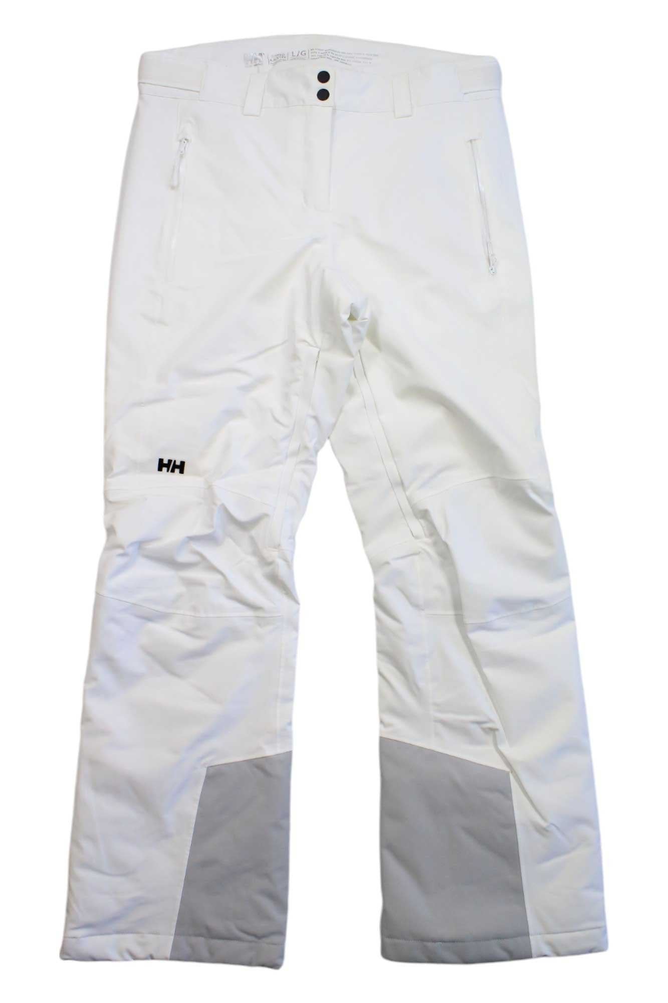 Women’s ski pants, white, drawcord waist, side zip pockets, HH logo