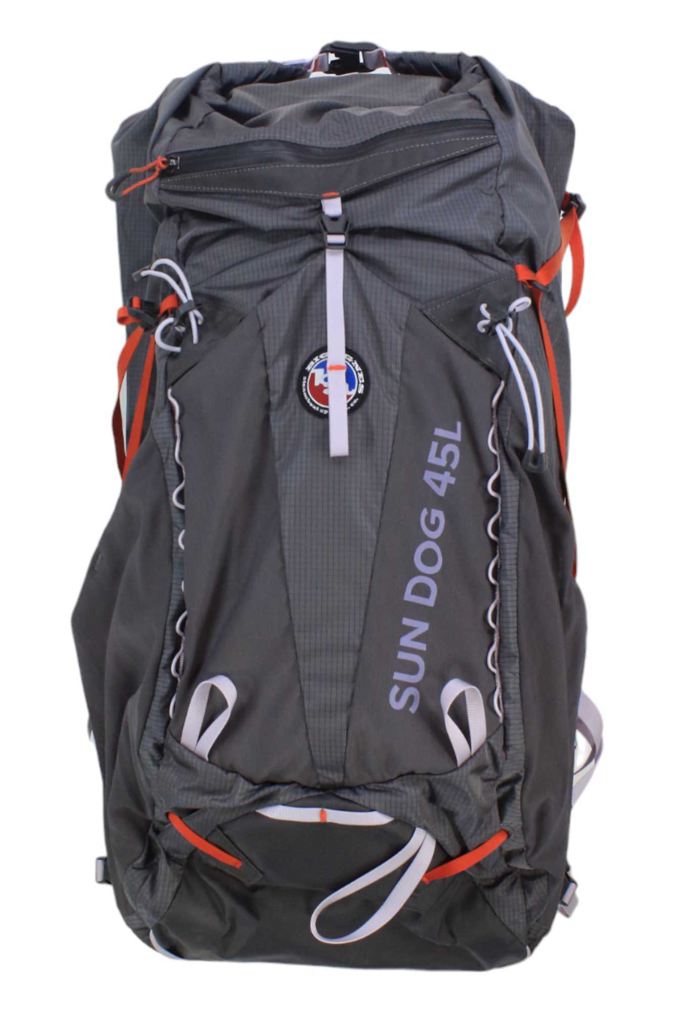 Big Agnes Sun Dog 45L women's backpack, dark gray with orange accents and front zip pockets
