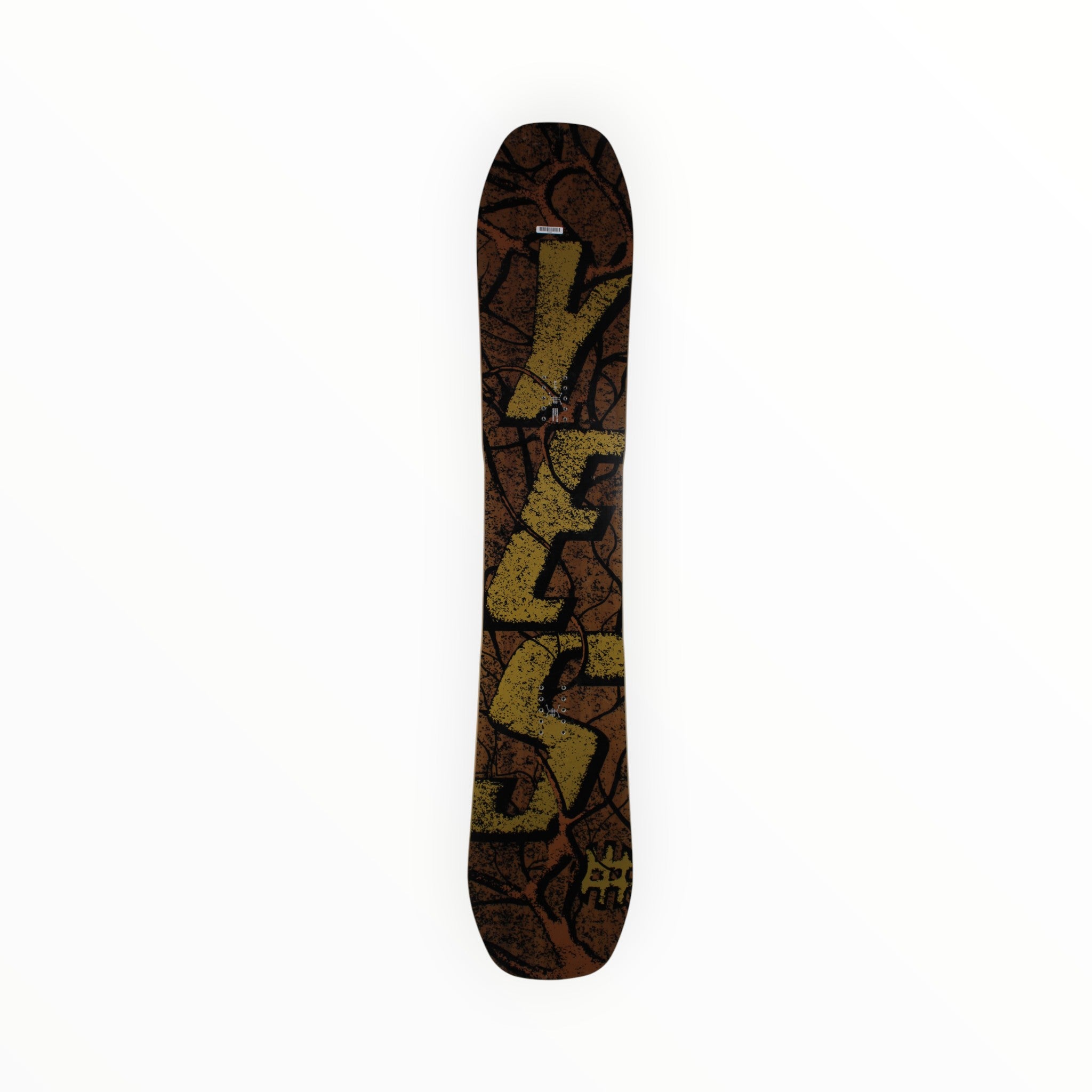 The YES All-In Snowboard 26 is a durable freestyle board with a dark brown and black background, showcasing large bold yellow graffiti-style letters and abstract patterns across its surface.