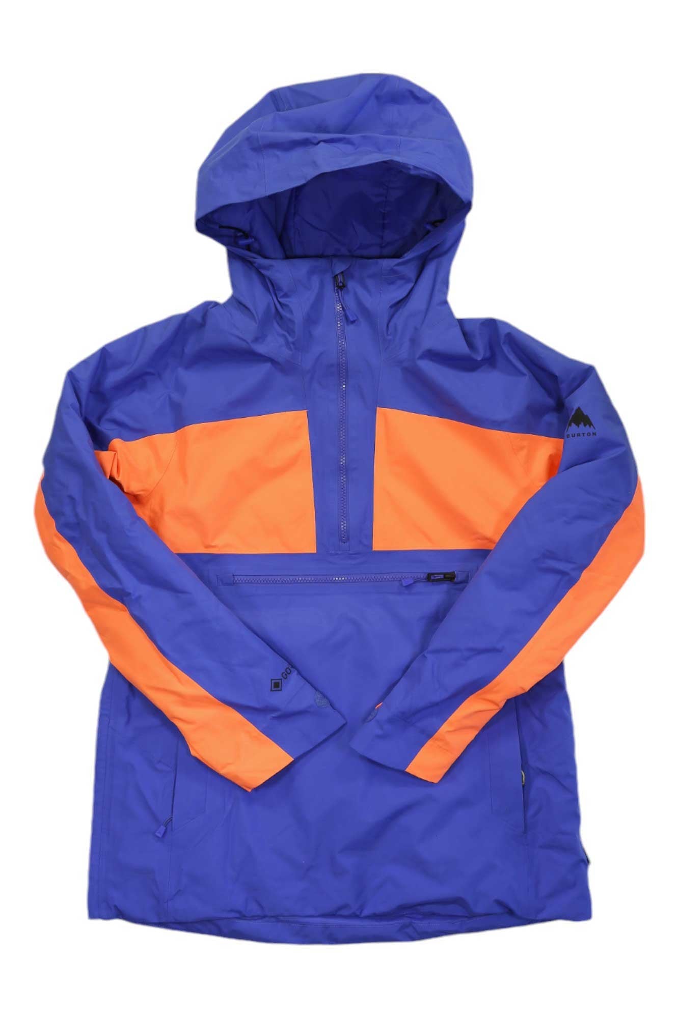 The Burton Womens GTX Pillowline Anorak Jacket features blue fabric, orange panels, a hood, and GORE-TEX waterproofing to keep you dry and stylish on any adventure.