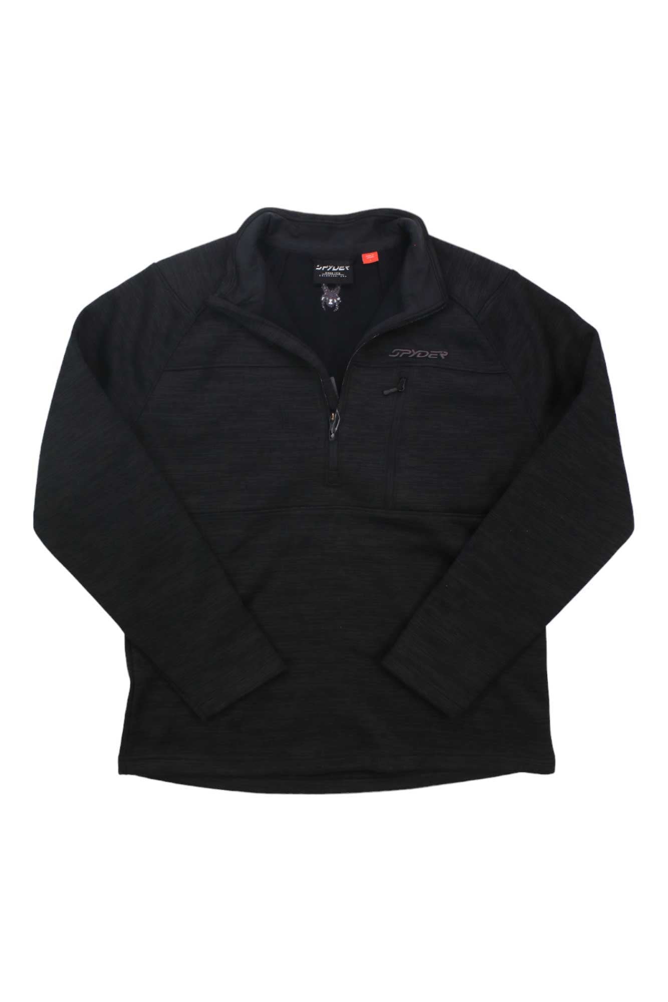 A black Spyder Men's Encore 1/2 Zip Top with long sleeves, half zip, and a zippered chest pocket featuring the Spyder logo is laid flat on a white background.