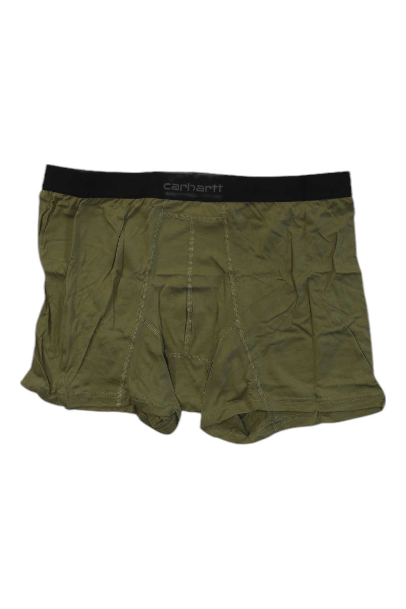 Carhartt men's olive green boxer brief; elastic waistband and fly-front design.