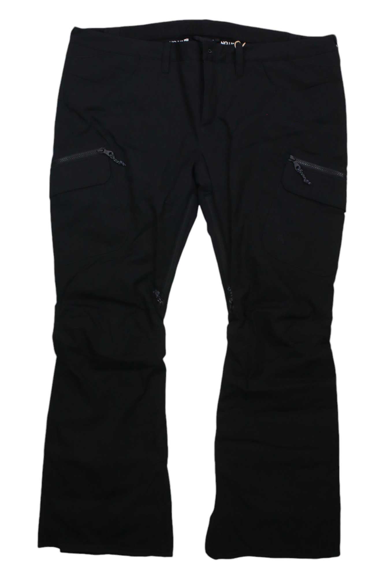 Burton Womens Gloria Insulated Pant in black, featuring a slim fit, zippered thigh pockets, and a relaxed straight-leg cut, shown laid flat on a white background.