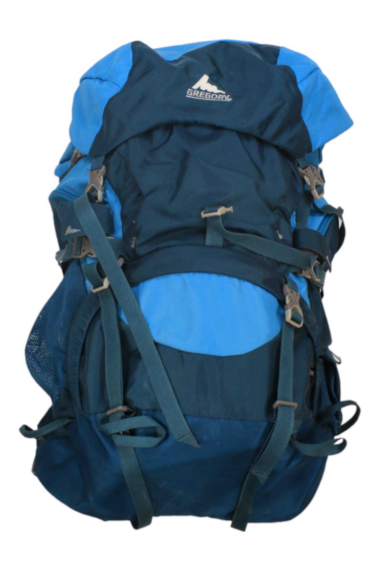 The Deva 70 Pack is a blue and dark teal 70-liter women's backpacking pack by Gregory, featuring multiple straps and buckles, shown against a white background.