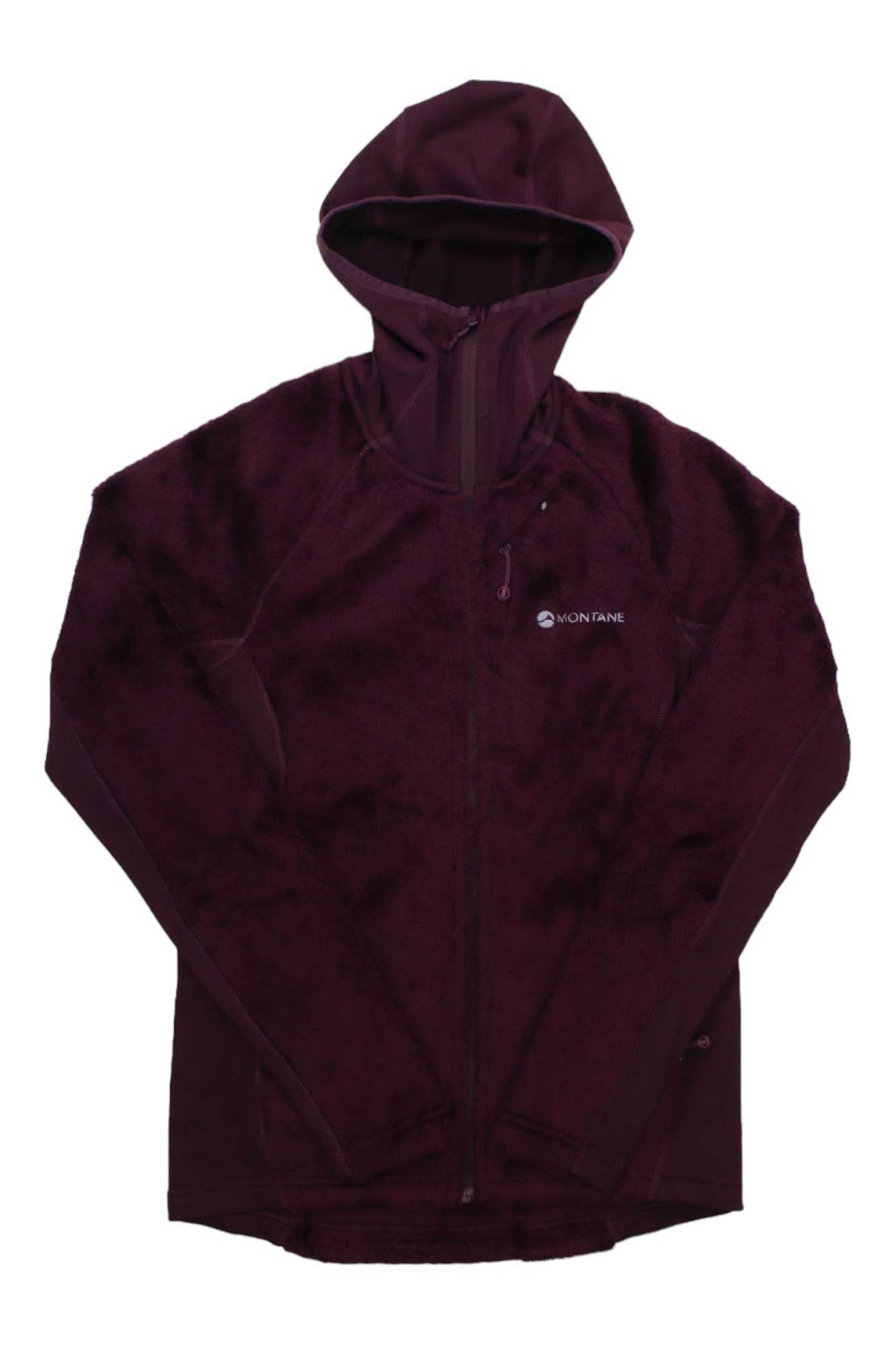 Women's Montane Protium XPD hoodie, burgundy full-zip with hood and chest logo