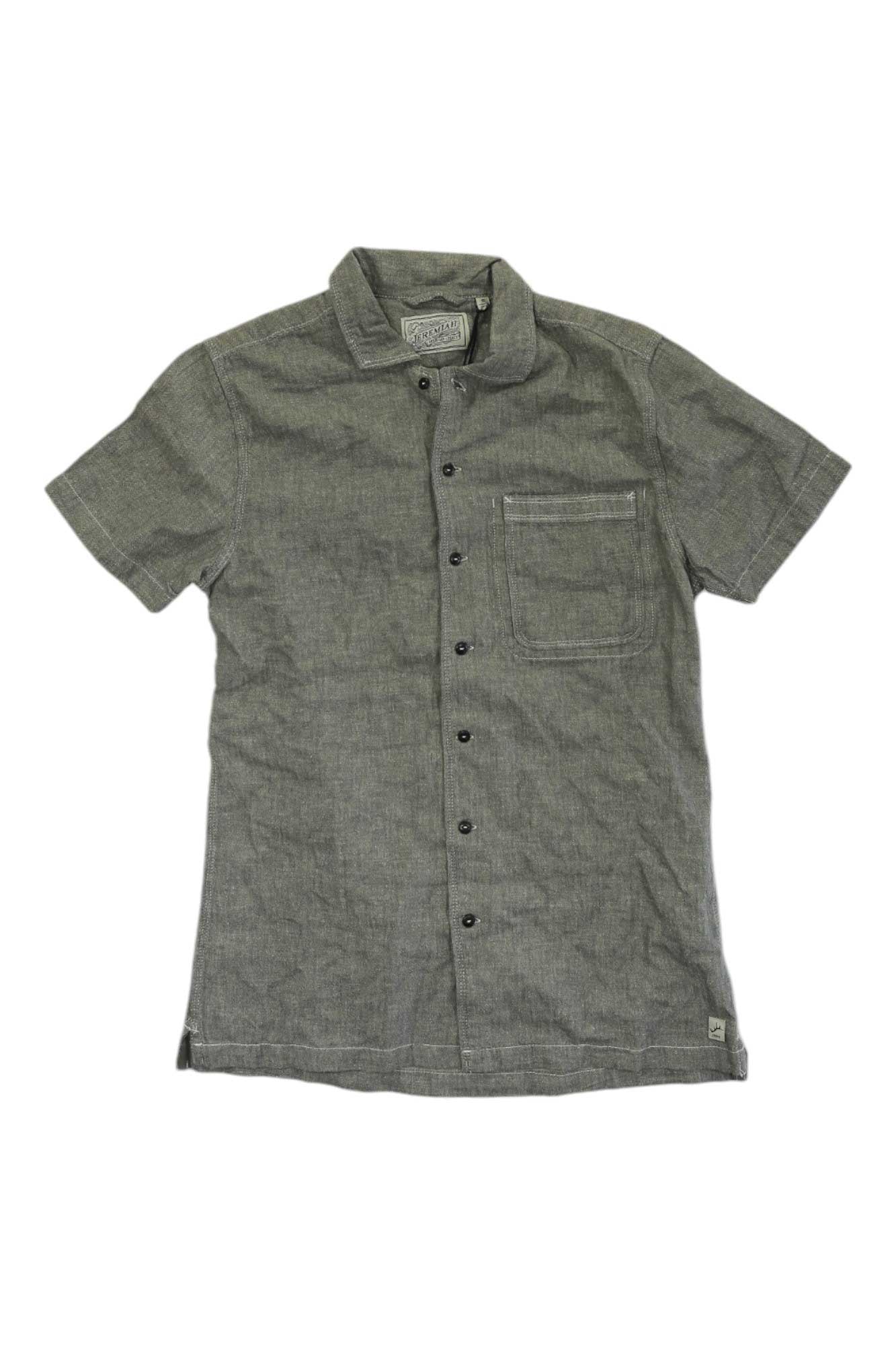 The Jeremiah Men's Artemis Linen Cotton Herringbone Top is a gray, short-sleeve, button-up shirt with a collar and single chest pocket, shown laid flat on a white background.