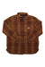 The Carhartt Women's Loose Fit Heavyweight Twill Overshirt in brown and red plaid has a button-up front, two chest pockets (one with logo patch), buttoned cuffs, collar, and a roomy fit.