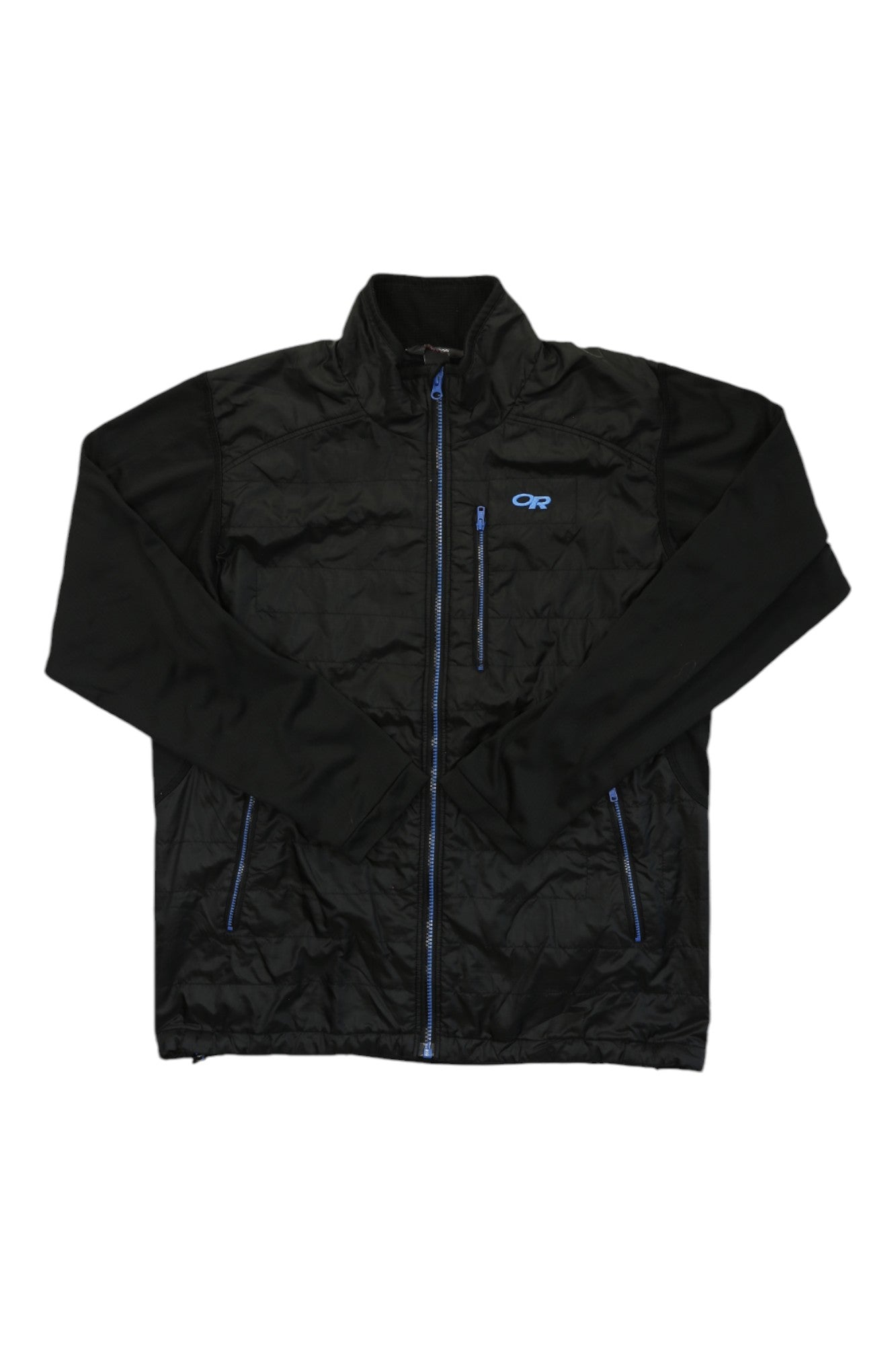 The Outdoor Research Men's Acetylene Jacket is a black, long-sleeve hybrid layer featuring blue zipper details and a small blue OR logo on the left chest—perfect for cold-weather adventures.