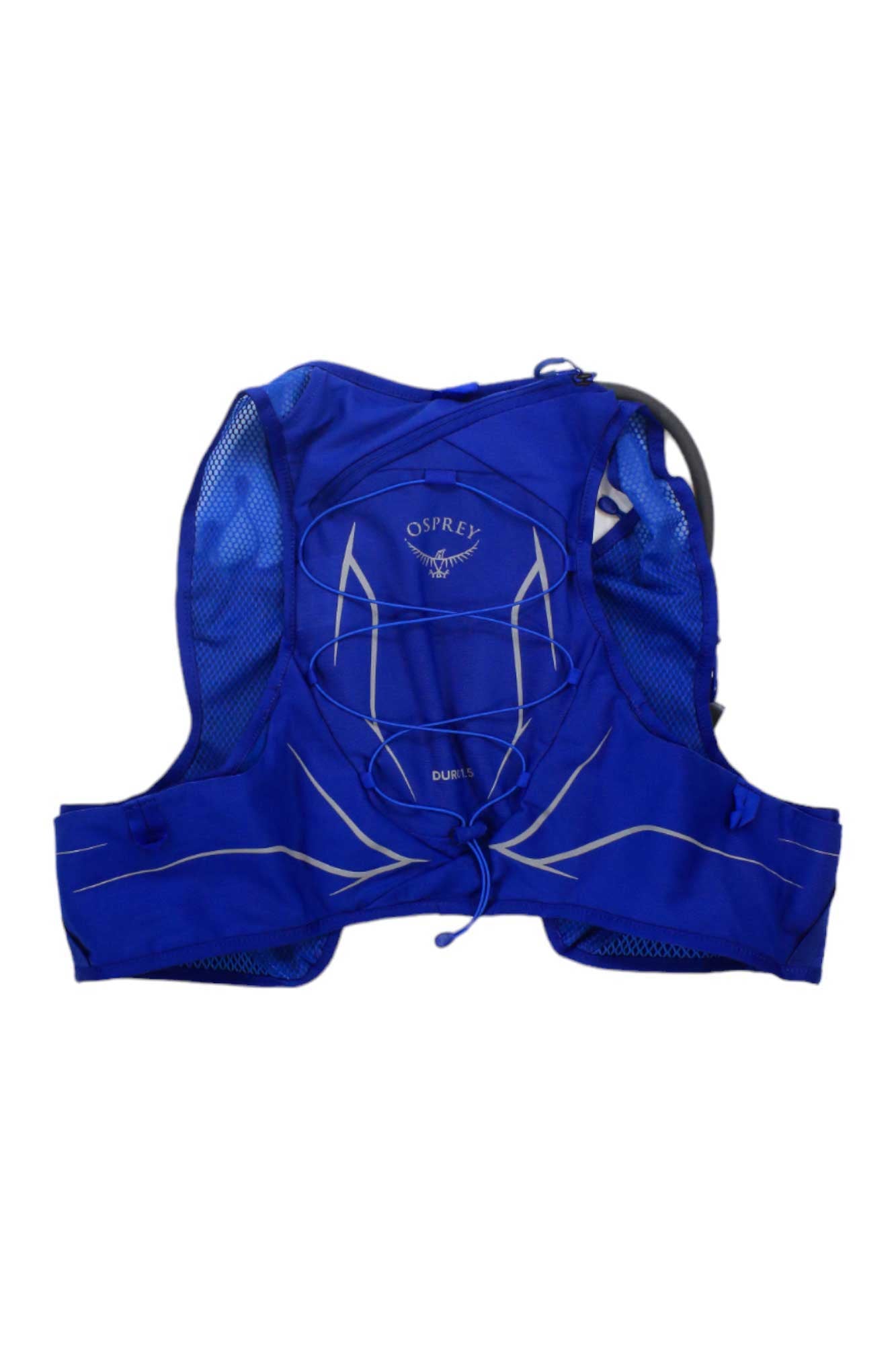 The Osprey Mens Duro 1.5 Pack is a blue, lightweight running vest with mesh panels, reflective details, and an elastic back cord, designed for hydration and essentials during outdoor activities.