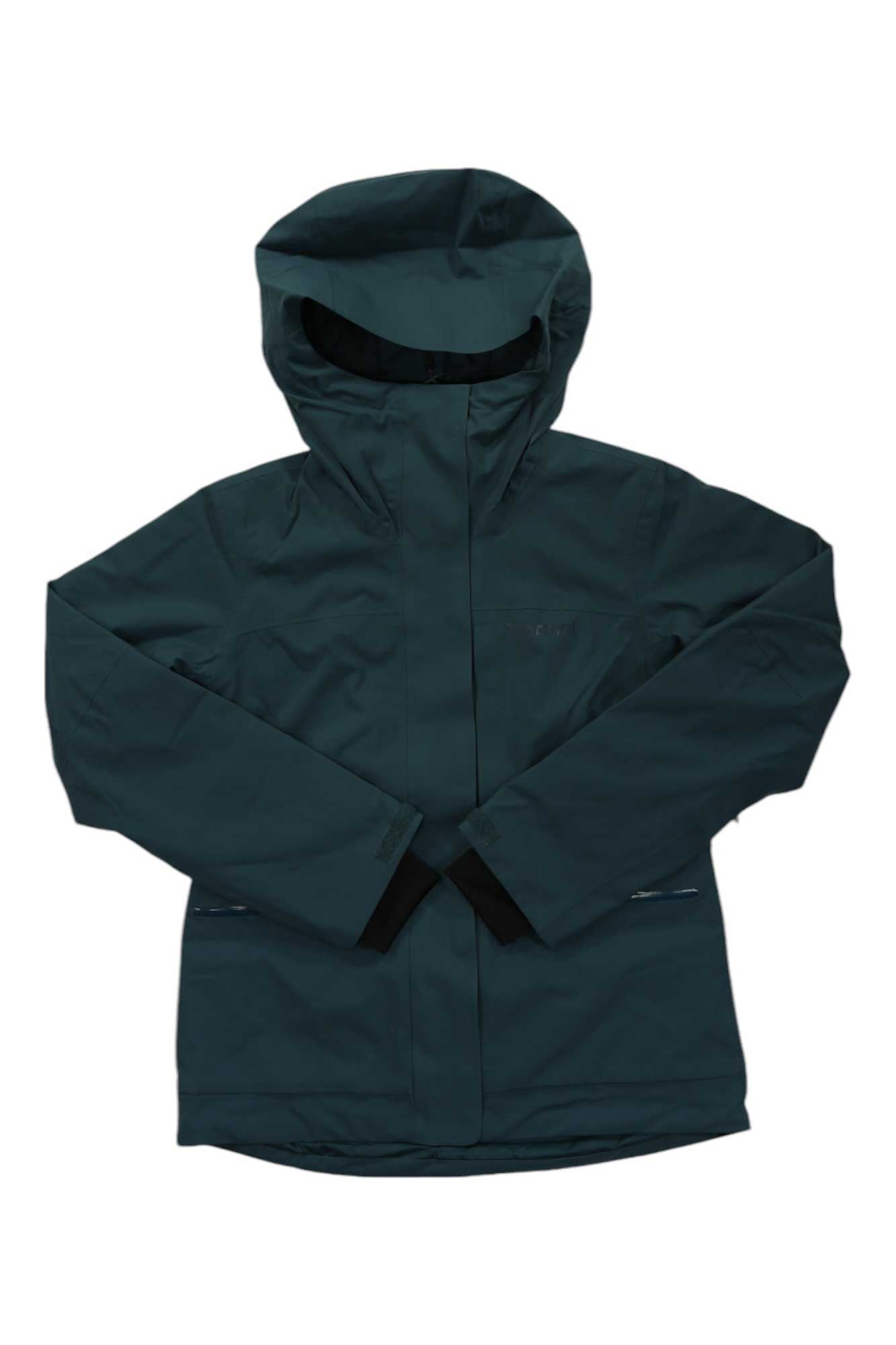 Hooded winter jacket in dark green with full front zipper and side pockets.