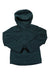 Hooded winter jacket in dark green with full front zipper and side pockets.