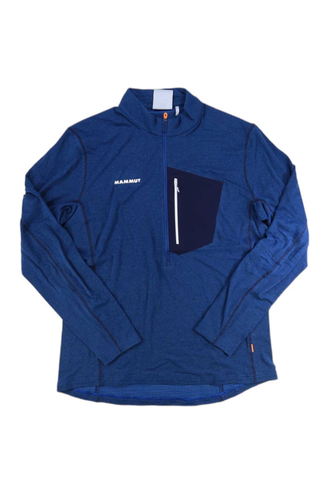 The Mammut Mens Aenergy Light ML Half Zip Pullover in blue features long sleeves, a zippered chest pocket, Polartec fleece fabric, and the Mammut logo in white on the left chest.