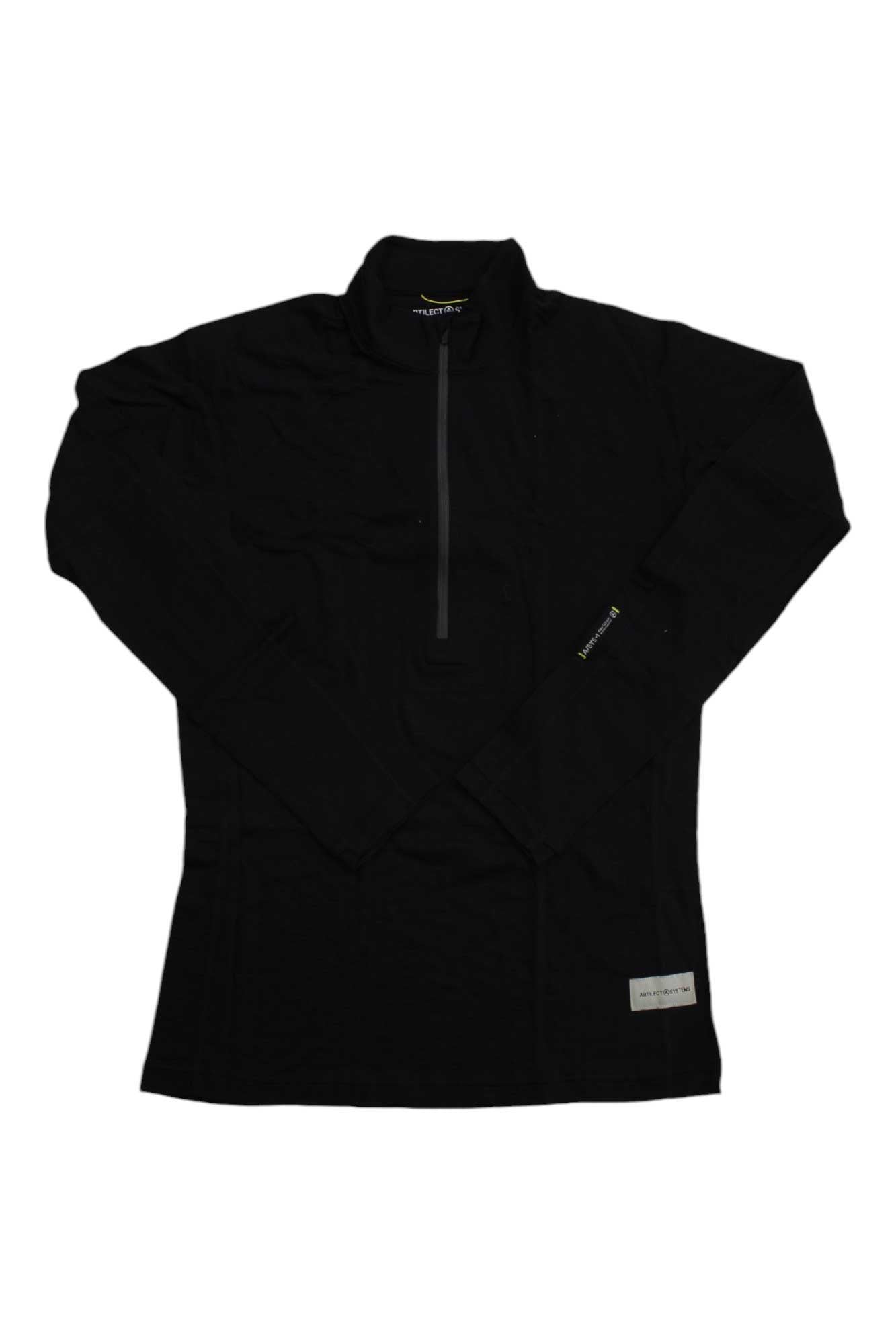 The Artilect Men's Boulder 125 1/4 Zip Top is an ultralight, long-sleeve black pullover with a high collar, half-zip front, and a small label by the right hem, shown laid flat on a white background.