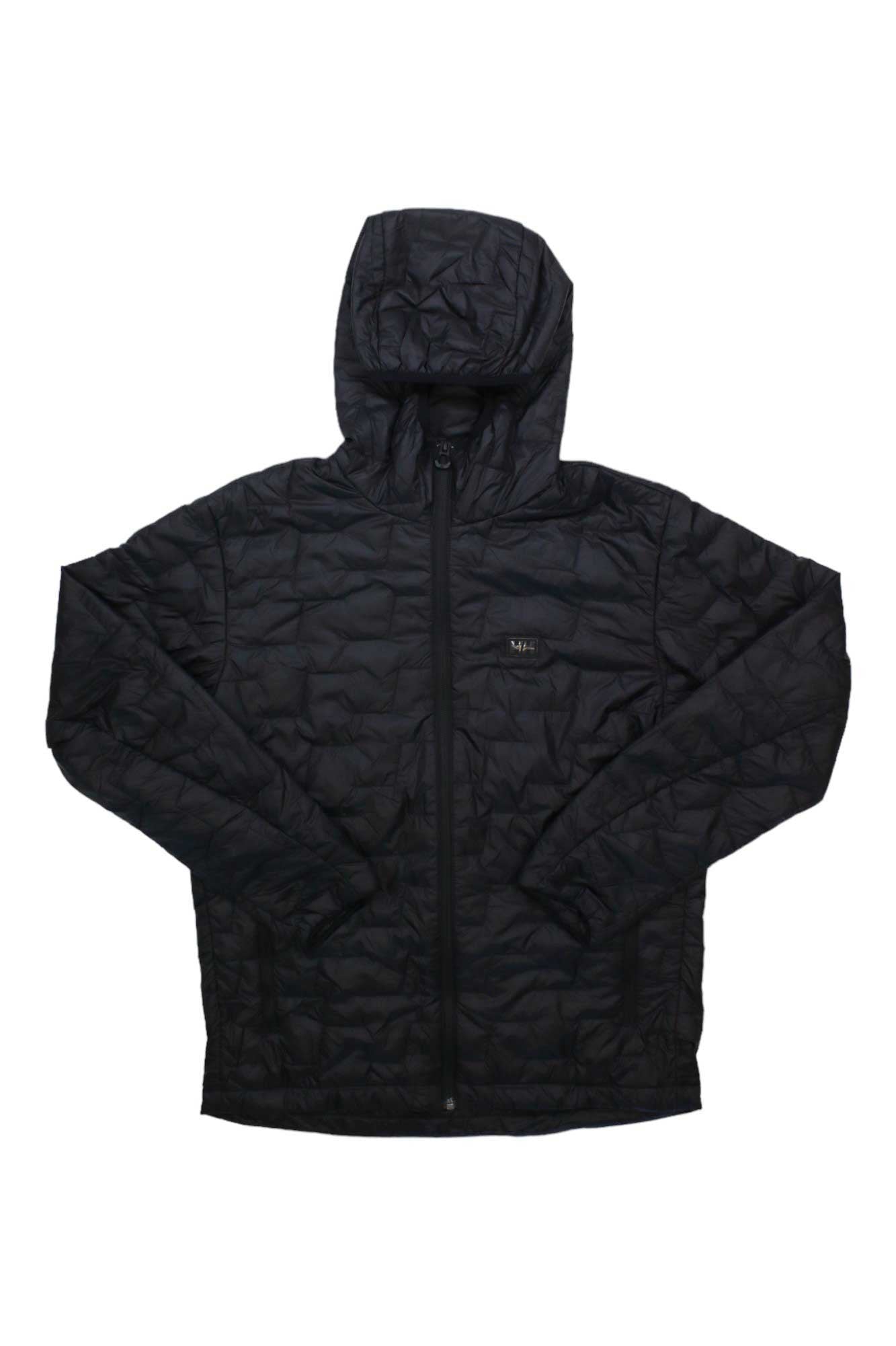 The Helly Hansen Men's Lifa Loft Hooded Insulator Jacket is black, quilted, windproof, and insulated with Primaloft. It features long sleeves, a front zipper, subtle stitching, and a small logo on the left chest.