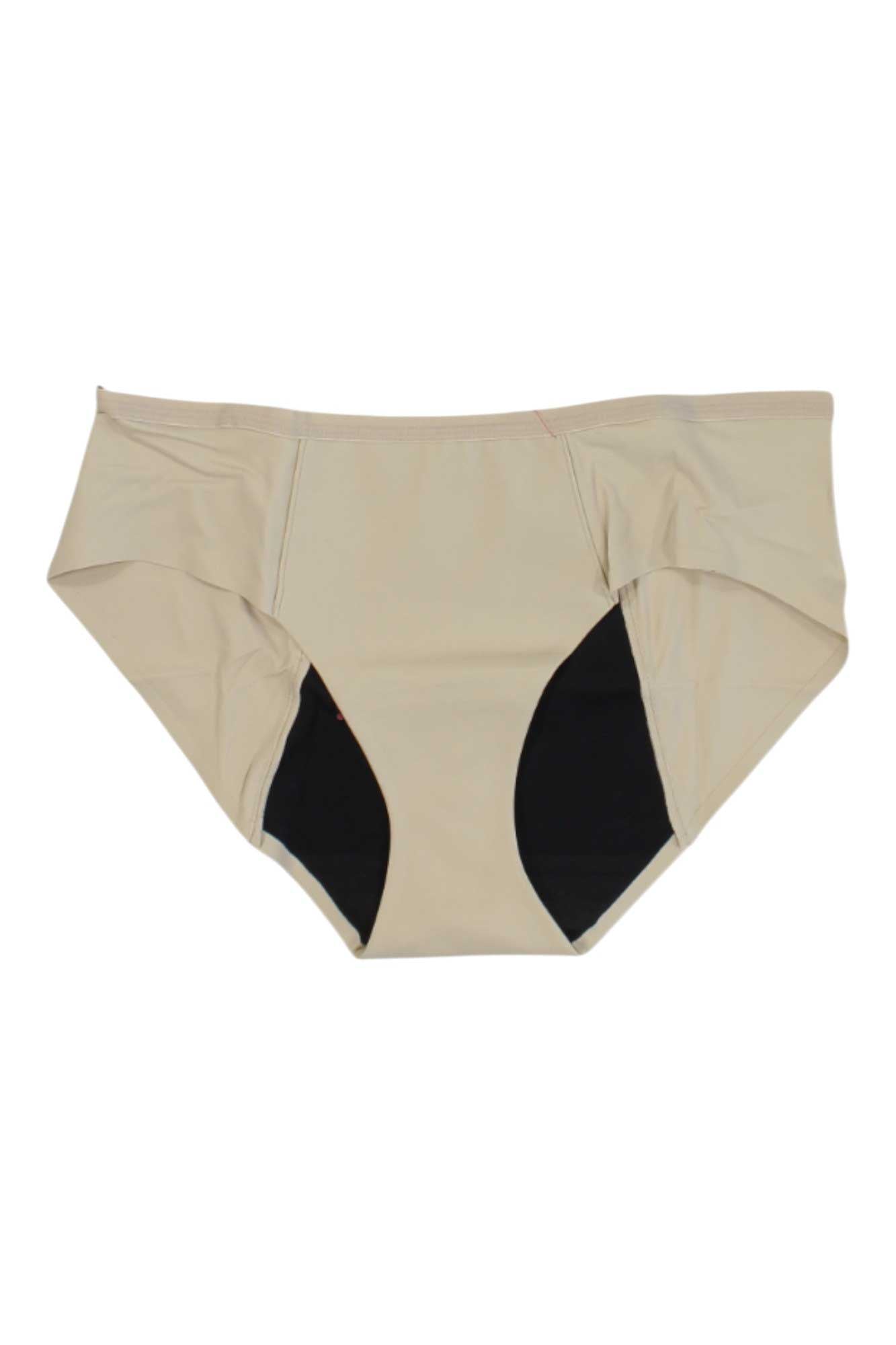 Proof Womens Period & Leak Proof Hipster in beige with a black inner lining, shown flat on a white surface. This hipster offers leak proof protection with a simple, smooth design made from soft, stretchy, seamless, breathable fabric.