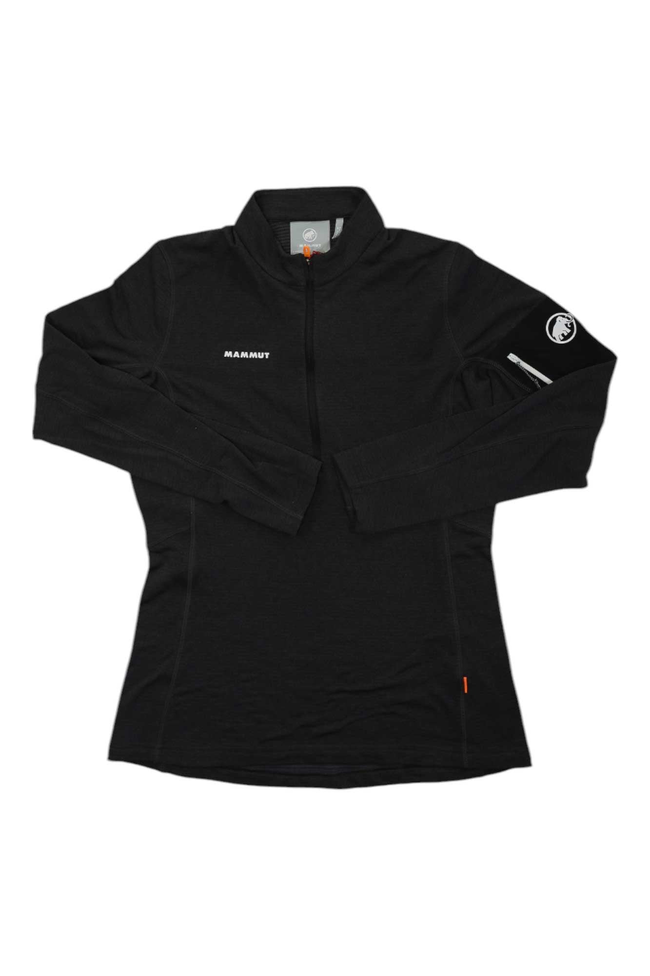 The Mammut Womens Aenergy Light ML Half Zip Pullover is a lightweight, long-sleeved black fleece midlayer featuring Polartec Power Grid fabric, a short front zipper, stand-up collar, Mammut chest branding, and a logo on the left sleeve.
