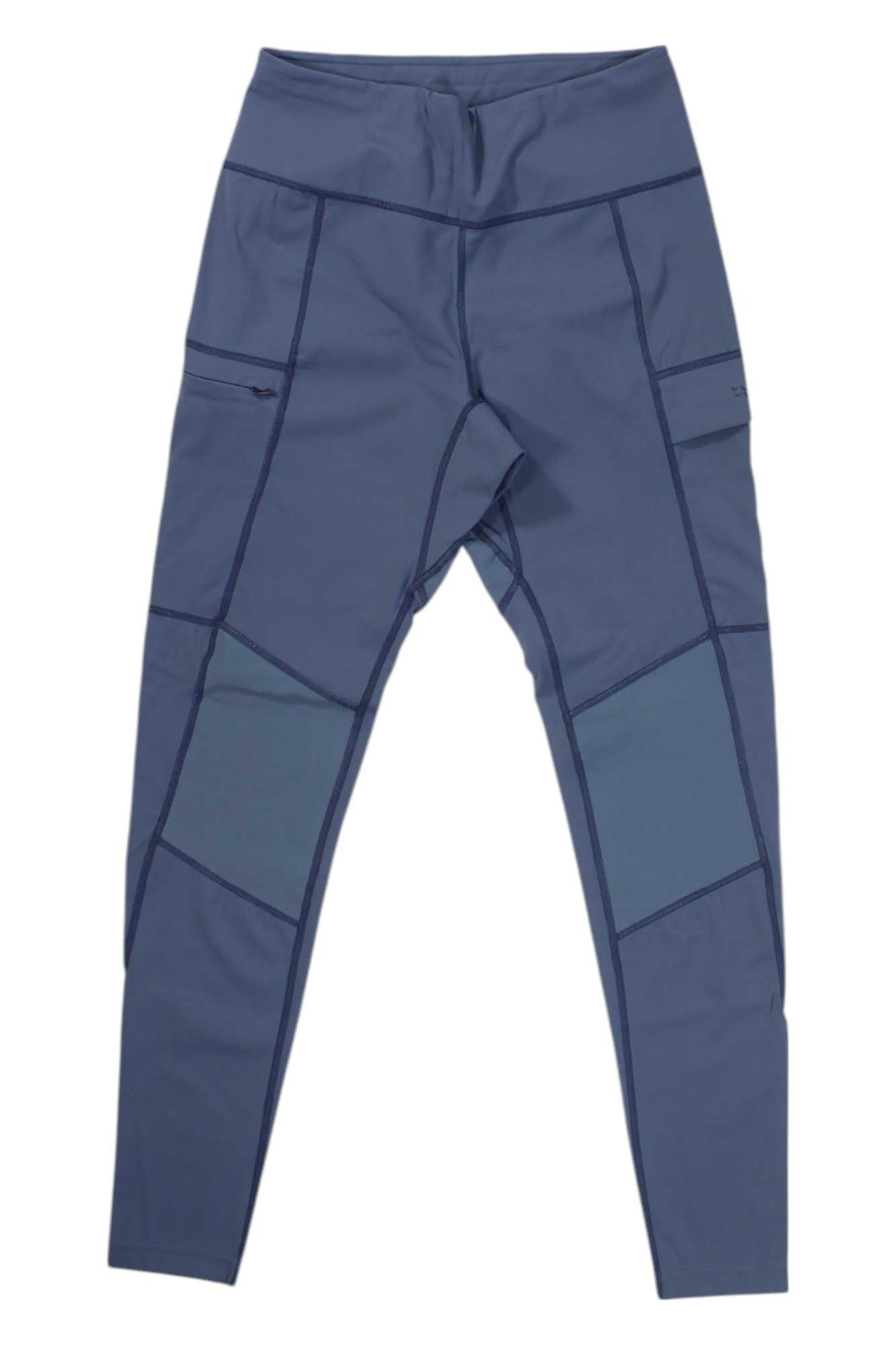 Rab Womens Horizon Tight fitness tights in blue, featuring a high waist, multiple seams, and side pockets, shown laid flat on a white background.