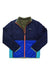 The Cotopaxi Kids Teca Calido Jacket is a vibrant outdoor jacket with navy sleeves, bright blue panels, teal sides, an orange zipper, olive green collar lining, and a chest logo—perfect for any adventure.